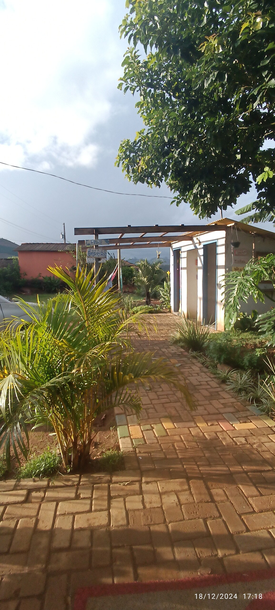 A paved pathway is lined with greenery, leading towards a welcoming entrance. A covered area extends overhead, providing shade. The surrounding landscape includes residential buildings and palm-like plants, contributing to a serene outdoor space with soft natural light.