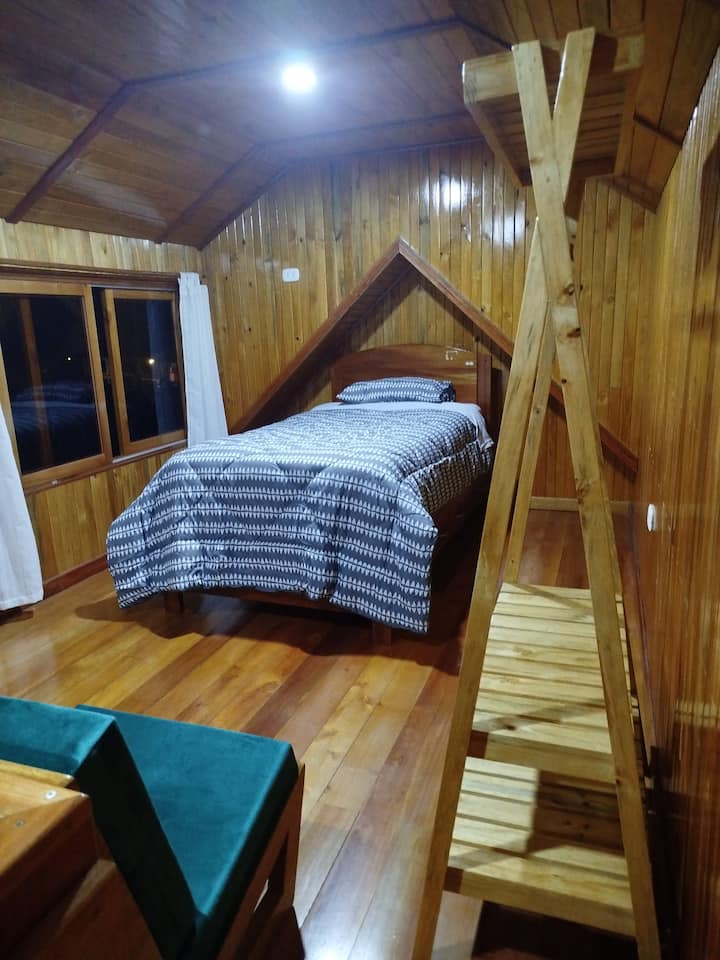 Habitación con cama simple, sillón y guarda ropa.