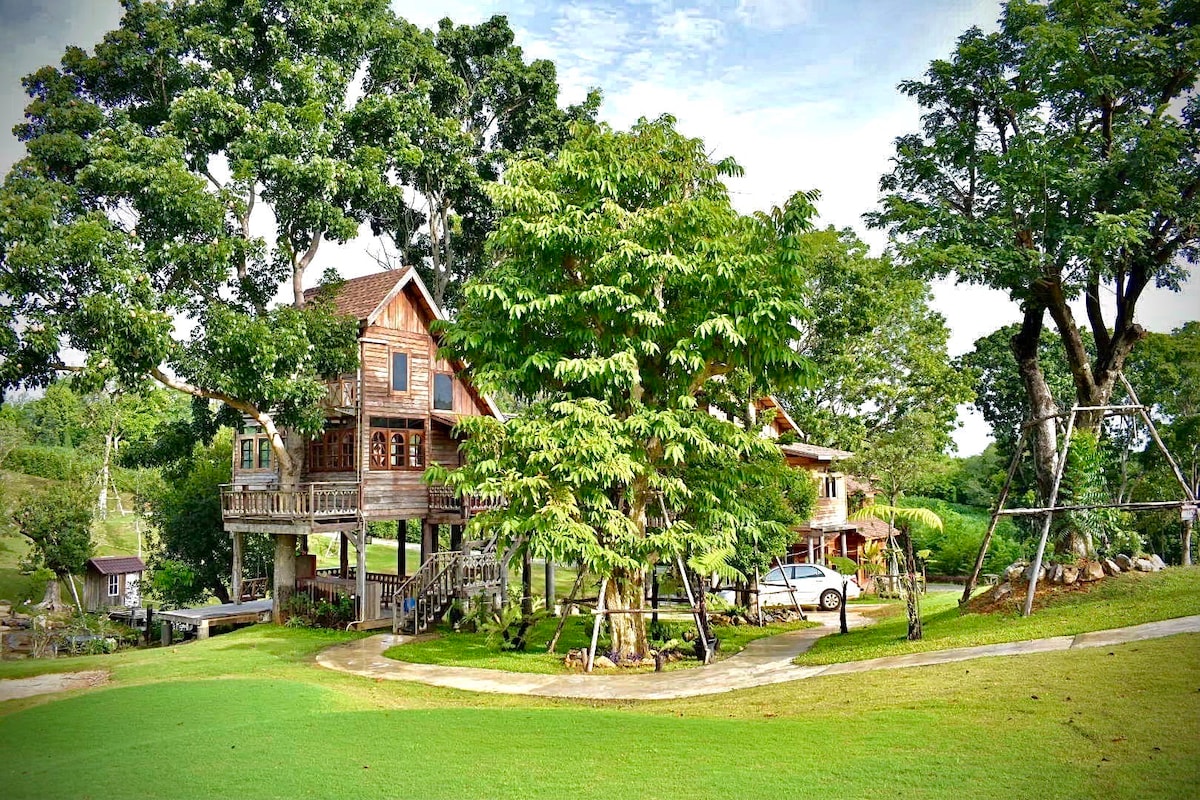 A wooden treehouse structure is surrounded by lush greenery, featuring multiple levels and balconies. A swing is seen nearby, along with manicured grass and a stone pathway leading to the entrance. Large trees provide shade and a natural ambiance to the setting.