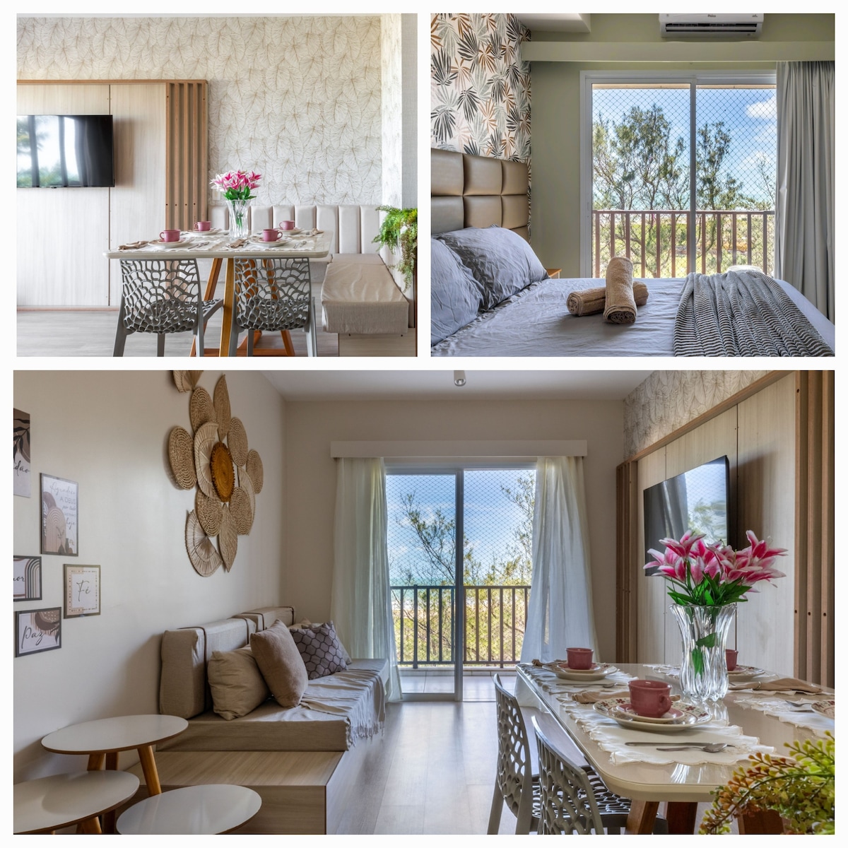 An inviting dining area features a wooden table set for six, accompanied by stylish chairs. A spacious bed with decorative linens is situated in a well-lit bedroom, and a cozy living space includes modern seating arrangements. Large windows allow natural light to brighten the interiors.