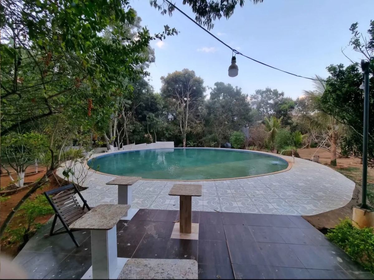 A large swimming pool occupies the center of the image, surrounded by lush greenery. The pool deck features patterned tiles, complemented by stone tables and wooden chairs positioned nearby. Natural light filters through the trees, enhancing the serene outdoor setting.