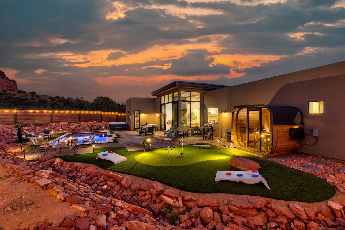 Desert retreat exterior at dusk