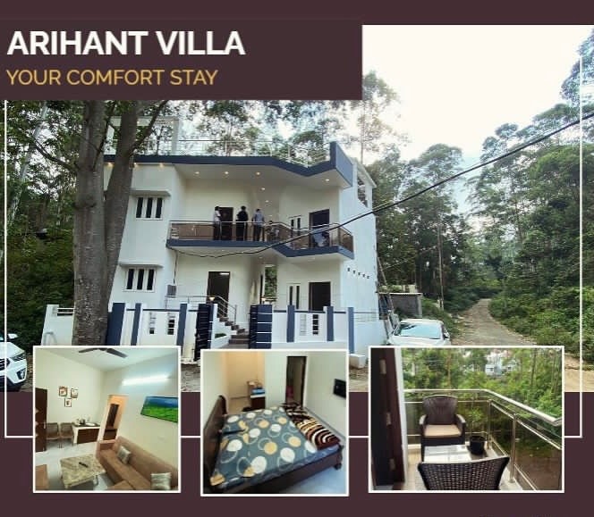 A modern villa is surrounded by lush greenery, featuring multiple balconies. The entrance is accessed by stairs leading to a spacious outdoor area. Pictures of the interior include a comfortable lounge with a television, a cozy bedroom with a patterned bedspread, and an inviting balcony seating area.