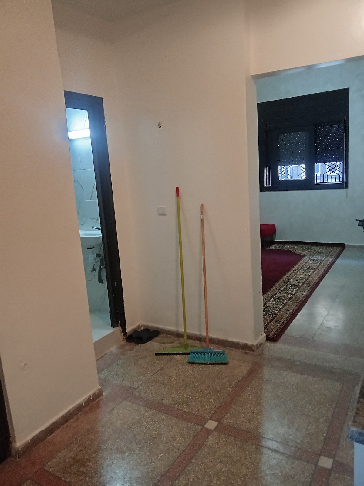 A hallway is visible, featuring a doorway leading to a bathroom in the background. Two cleaning tools, a broom and a mop, are positioned against the wall. A dark doorway on the right leads to a living area with a red carpet and a patterned runner.