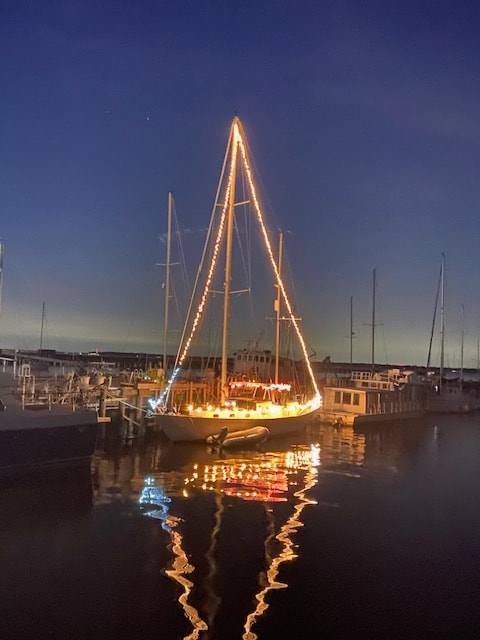 The sailboat is illuminated by warm string lights, creating a welcoming glow against the night sky. Reflections shimmer on the still water, enhancing the serene marina setting. Surrounding masts and boats are softly highlighted by ambient light, adding to the nighttime charm.