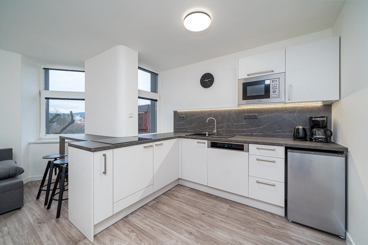 A modern kitchen is presented with white cabinetry and dark countertops. Large windows provide ample natural light. Kitchen appliances include a microwave and coffee maker, and a dishwasher is installed. A sleek refrigerator is positioned near the wall, alongside a compact dining setup with two stools.