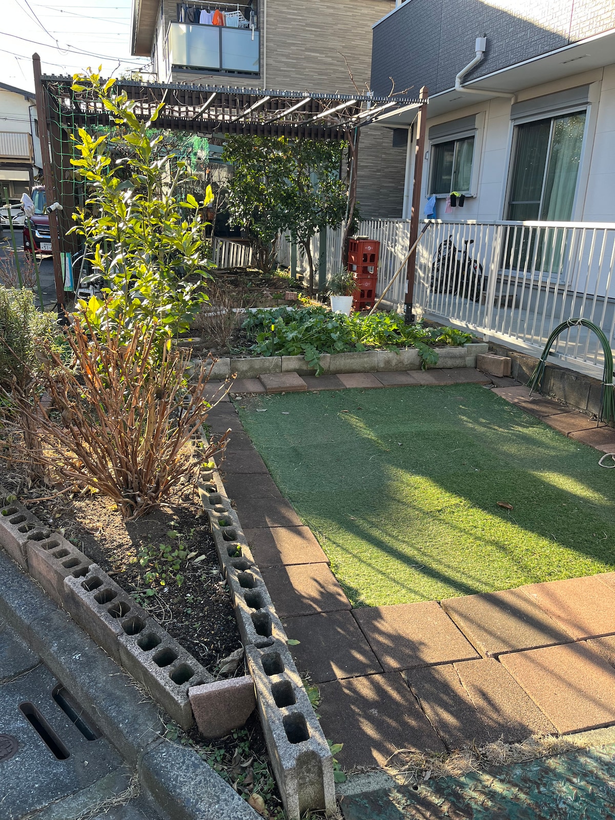 A small outdoor space is featured, showing a grassy area bordered by paved stones and a low wall of bricks. Shrubs and plants occupy parts of the garden, while a swing is present in the corner. A trellis provides partial shade, and nearby buildings are visible.