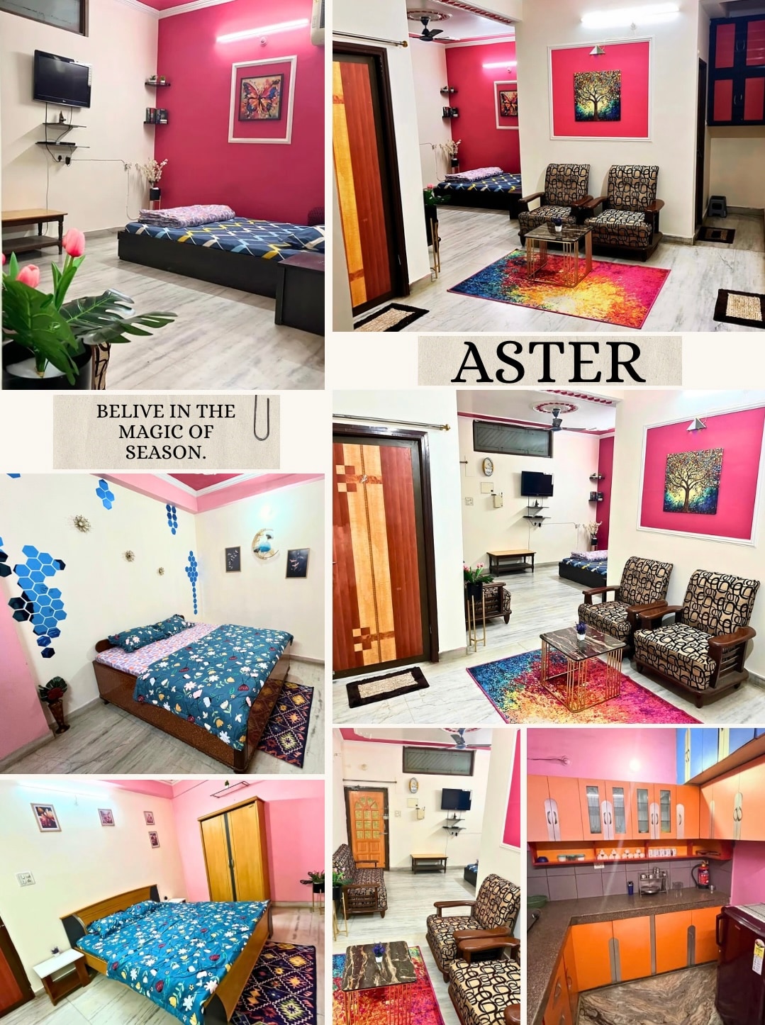 A collage showcases different areas of the 2BHK space. Colorful wall art is displayed in a cozy seating area with patterned chairs. The bedrooms, adorned with vibrant bed covers and decorative pillows, exhibit stylish furnishings and a welcoming atmosphere. A well-equipped kitchen is also featured.