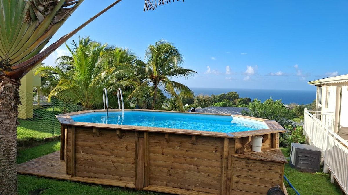 An above-ground wooden pool is surrounded by lush tropical vegetation, offering a panoramic view of the ocean in the distance. The clear blue water reflects the sky, while sun loungers are placed nearby for relaxation. The area is complemented by gentle breezes and abundant greenery.