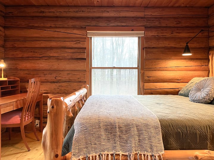 Chambre n °1 : chambre privée au rez-de-chaussée meublée avec un lit Queen et un poste de travail pour vos besoins de télétravail ; une horloge avec USB et des prises pour recharger vos appareils