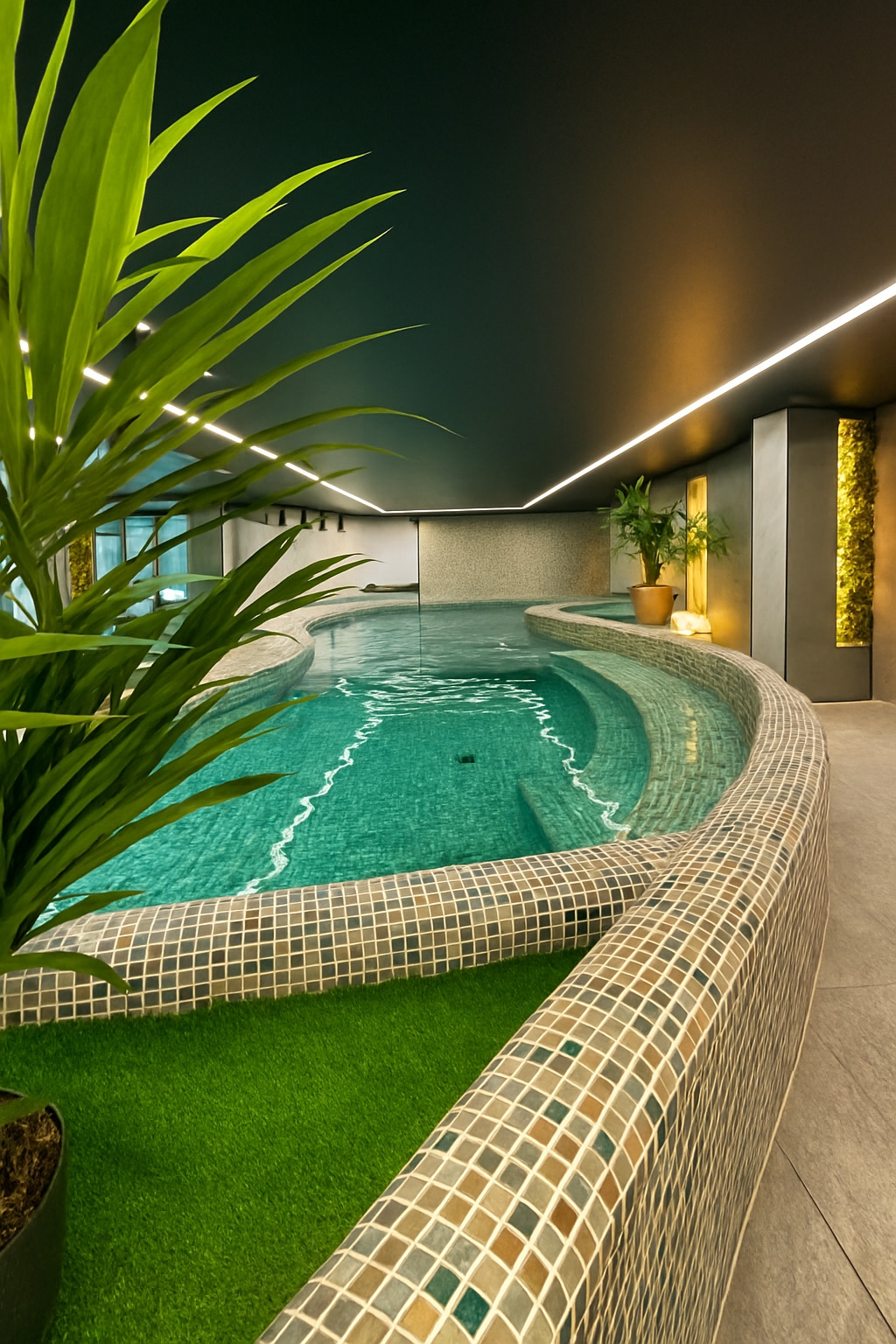 An indoor pool area features a curved waterway surrounded by a mosaic-tiled edge. Lush greenery is positioned near the pool, with ambient lighting enhancing the sleek, modern design. The tranquil blue water invites relaxation, providing a serene escape within the resort.