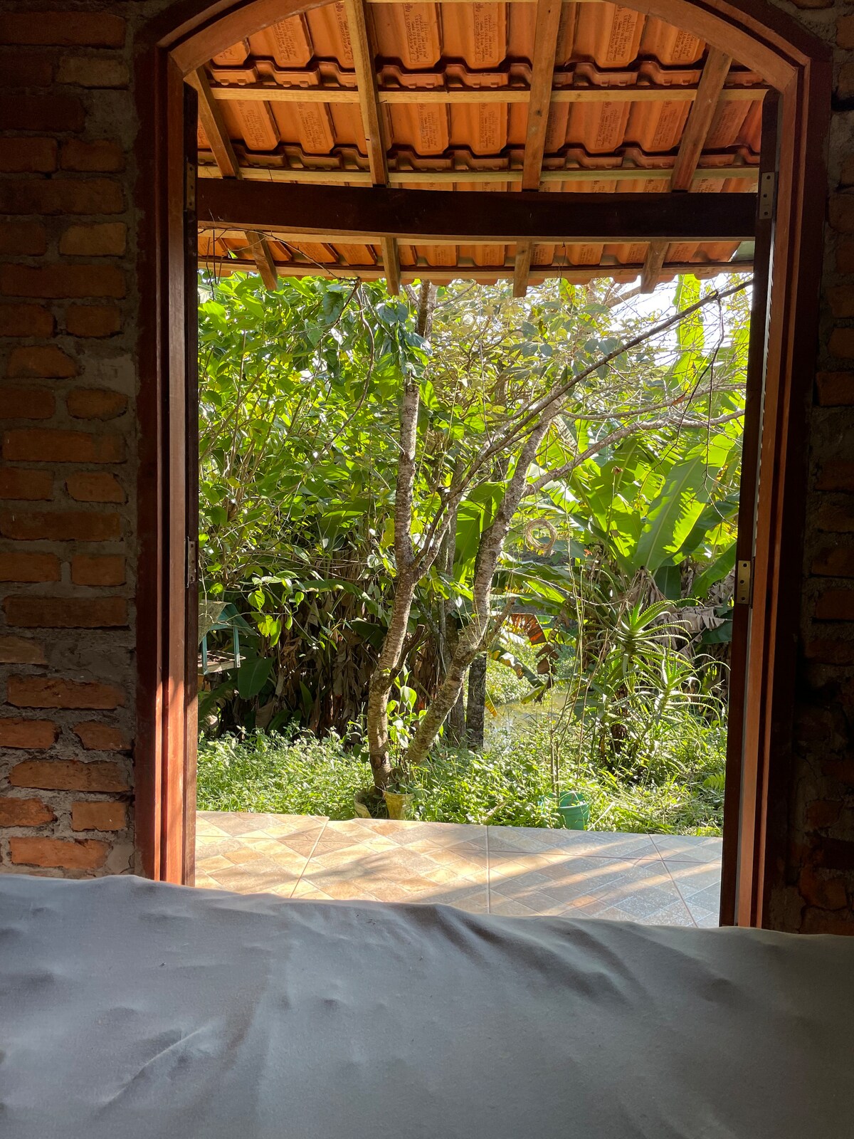 An open doorway features a wooden frame, leading to a lush green landscape filled with various plants and trees. Sunlight filters through the foliage, creating a serene view that connects the indoor space to the natural surroundings.