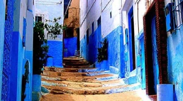 A narrow, winding alleyway is flanked by buildings painted in various shades of blue and white. The textured stone steps lead upward, with green plants adding a touch of nature against the vibrant walls. Natural light casts soft shadows throughout the scene.