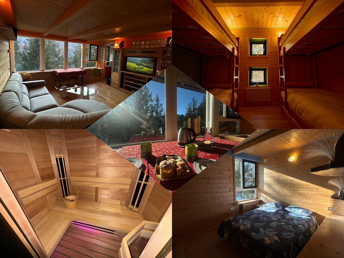 The image showcases various cozy areas of the chalet. A spacious living area with large windows offers views of nature. A well-lit sleeping space features a patterned bedspread. The sauna area displays wooden benches and soft lighting, contributing to a serene ambiance.
