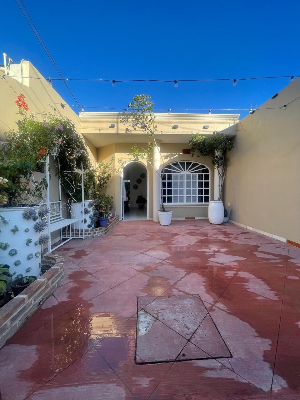 A bright outdoor patio features a tiled floor glistening after cleaning. Planters with vibrant greenery and flowers surround the space, while a charming seating area with white furniture provides a place to relax. A large archway leads to the interior of the home.