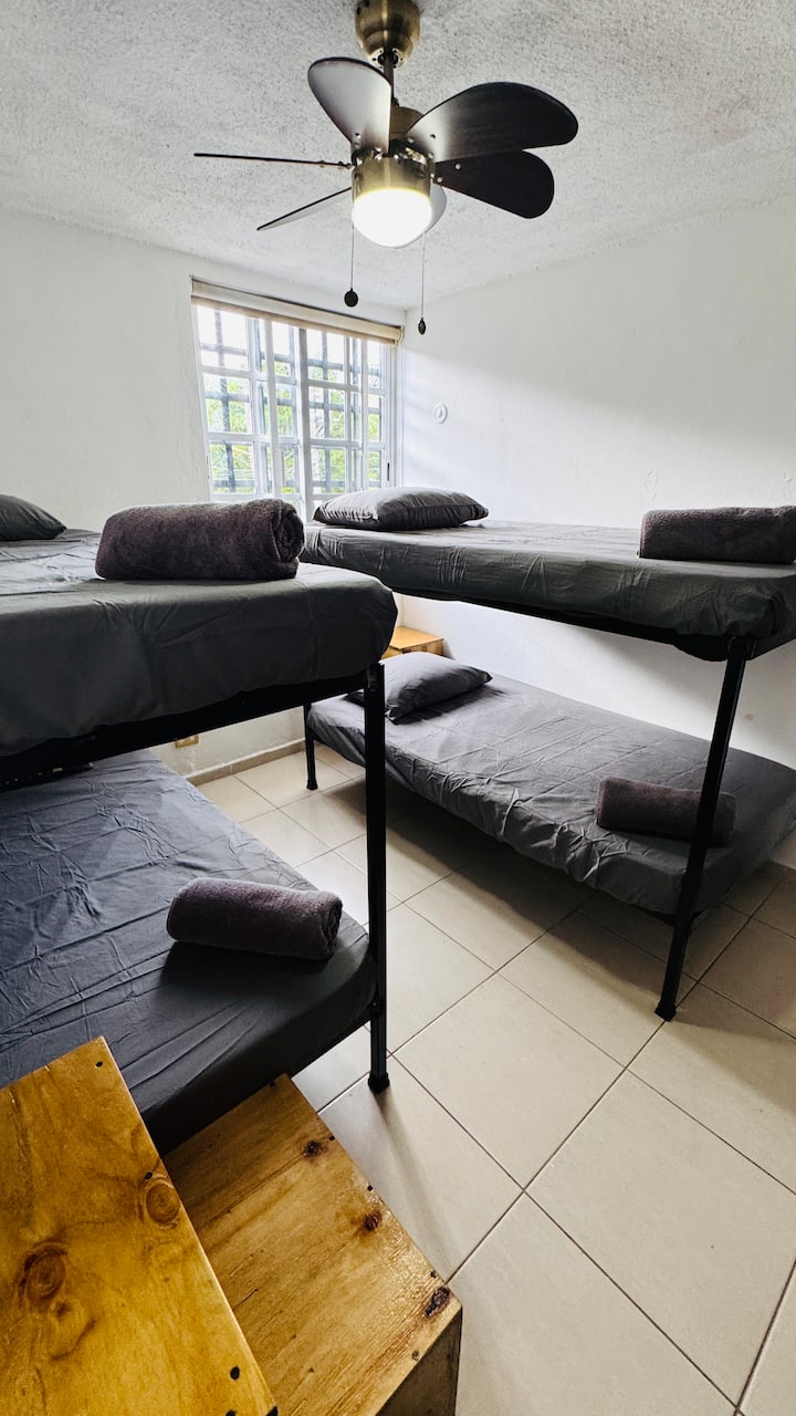 Ideal para familias o grupos, esta habitación cuenta con literas cómodas y bien distribuidas. Un espacio práctico y funcional que asegura una estancia placentera para todos.