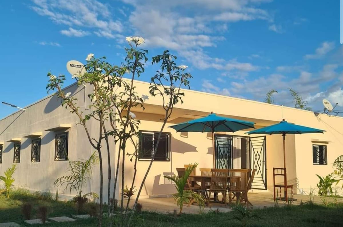 A single-story house is set against a clear blue sky, featuring large windows and a welcoming entrance. Outside, a wooden dining table is shaded by vibrant blue umbrellas. Lush greenery surrounds the home, contributing to a serene outdoor space.