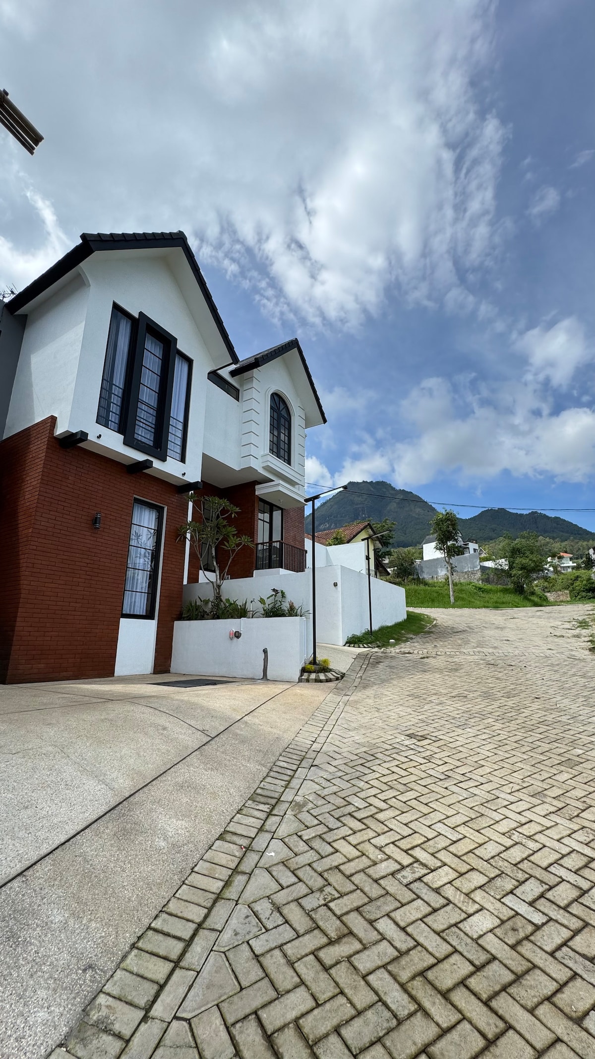 A modern two-story house is depicted, featuring a mix of white and red brick exterior. Large black-framed windows accentuate the upper level. A winding cobblestone driveway leads to the entrance, with landscaped areas visible at the sides and a mountainous backdrop under a partly cloudy sky.