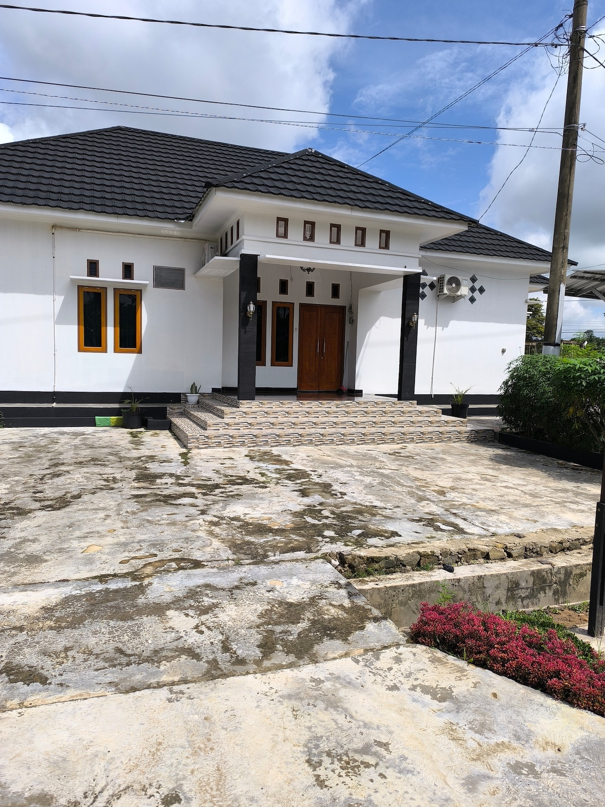 A spacious exterior view of a modern one-story house is presented, featuring a neatly designed entrance with double wooden doors. The concrete pathway leads up to the entryway, while the surrounding area includes a lawn with flowering plants, offering a welcoming approach.