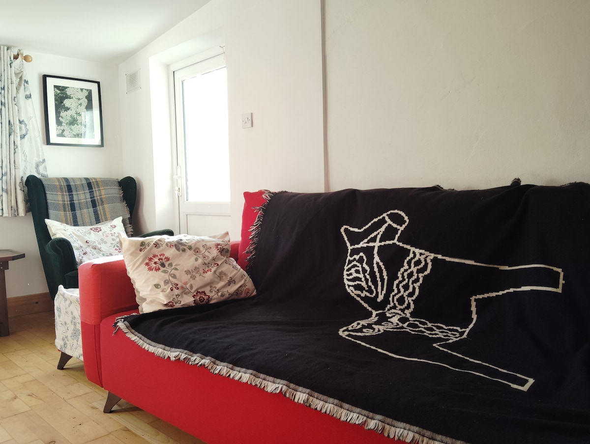 A red sofa adorned with a black throw featuring a decorative design. A light-colored chair with a patterned cushion is placed adjacent to the sofa, and a window allows natural light to brighten the area. Wooden flooring complements the space.