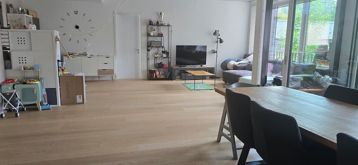 סלון עם ספה נפתחת לשני אנשים, חדר גדול מאוד עם מטבח פתוח