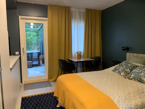 Room with sauna and hot tub