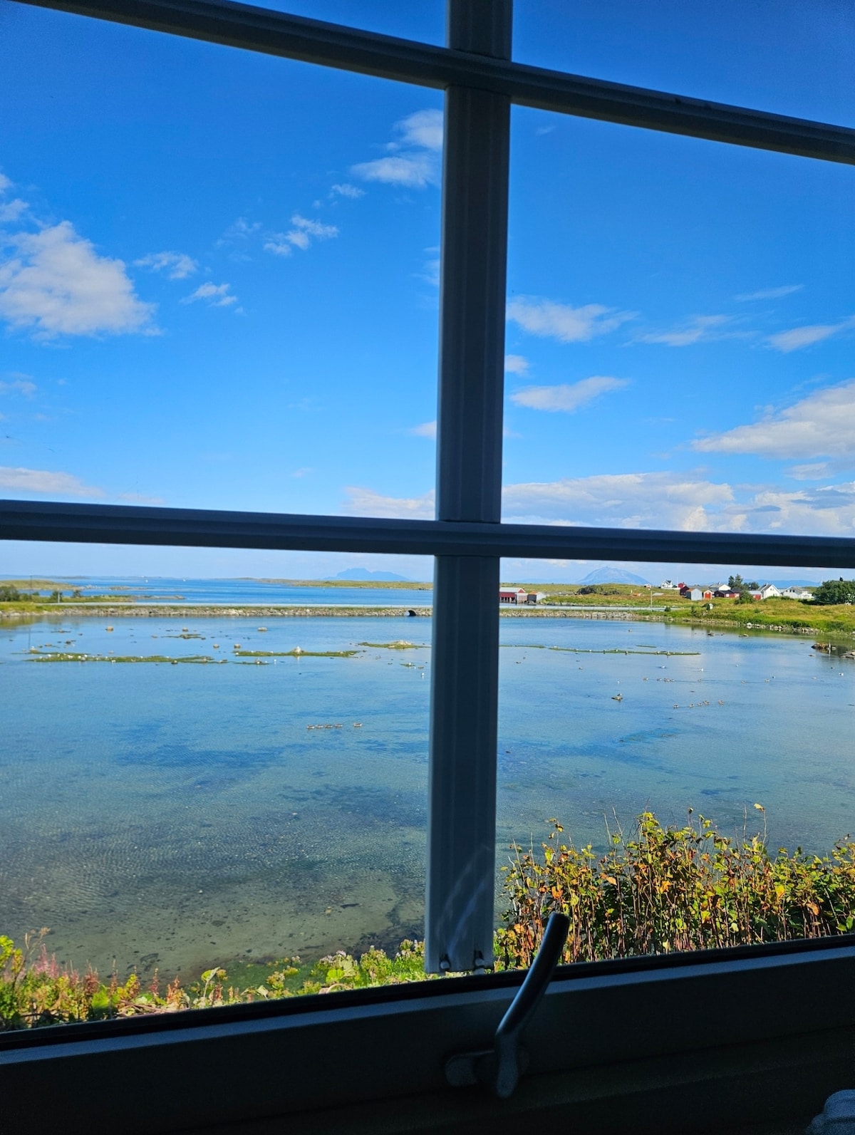 A large window provides a view of a serene coastline, featuring calm blue waters and scattered green vegetation. White clouds drift across a bright sky, while distant land masses can be seen on the horizon, contributing to the peaceful landscape.