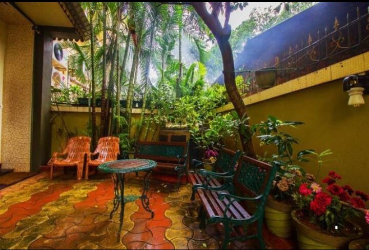 An outdoor seating area features a round table surrounded by a mix of metal and wooden chairs. Lush greenery fills the space, with colorful flowering plants in pots enhancing the natural setting. A gentle mist adds a serene ambiance to the scene.