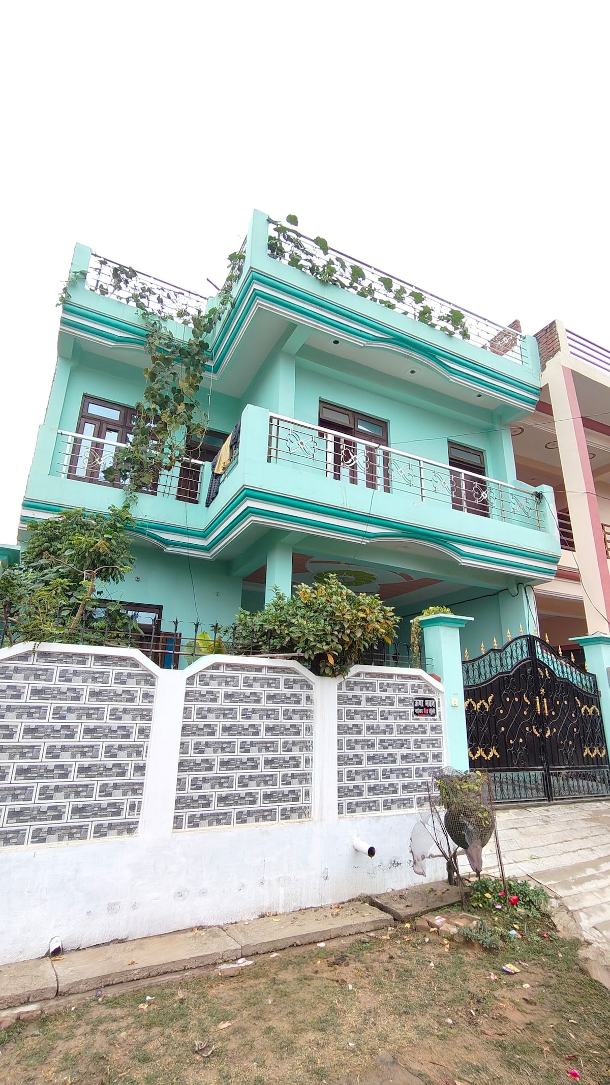 A two-story building is showcased, featuring a vibrant turquoise exterior adorned with green vines. Balconies are present on the upper level, while a decorative gate leads to the entrance. The front is bordered by a distinctive stone wall, complemented by a grassy area.