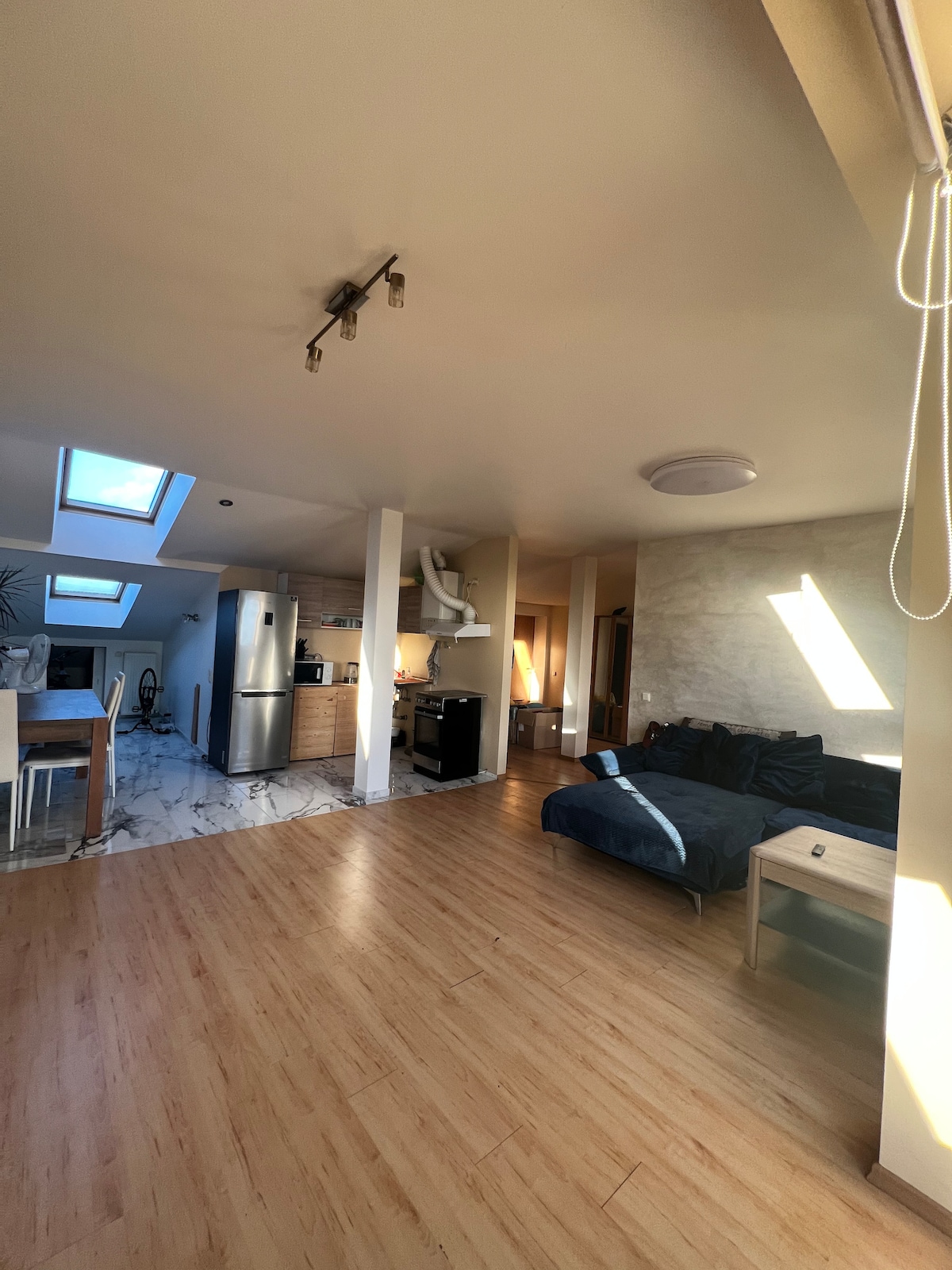 An open living space features a lounge area with a dark sofa and wooden coffee table. Kitchen appliances, including a refrigerator and stove, are visible. Skylights allow natural light to fill the room, enhancing the modern design with minimalist finishes and warm wood tones.