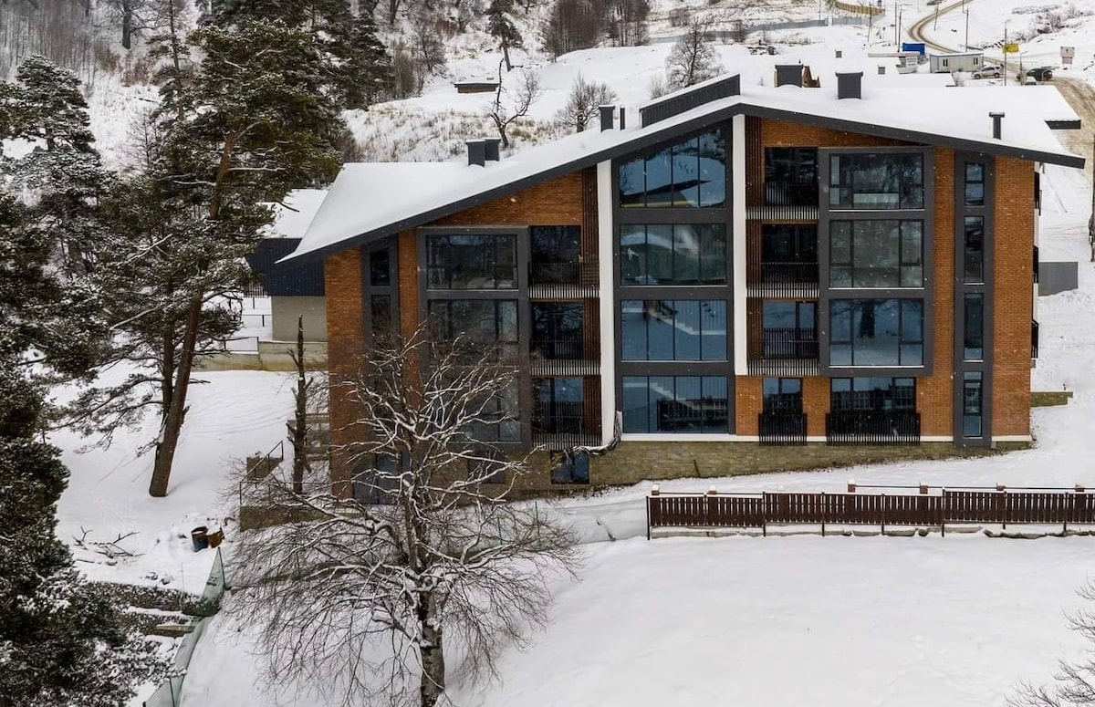 The building showcases a modern architectural design with a mix of brick and large glass windows. Snow blankets the ground and the roof, while surrounding trees are dusted with snow, creating a serene winter landscape.