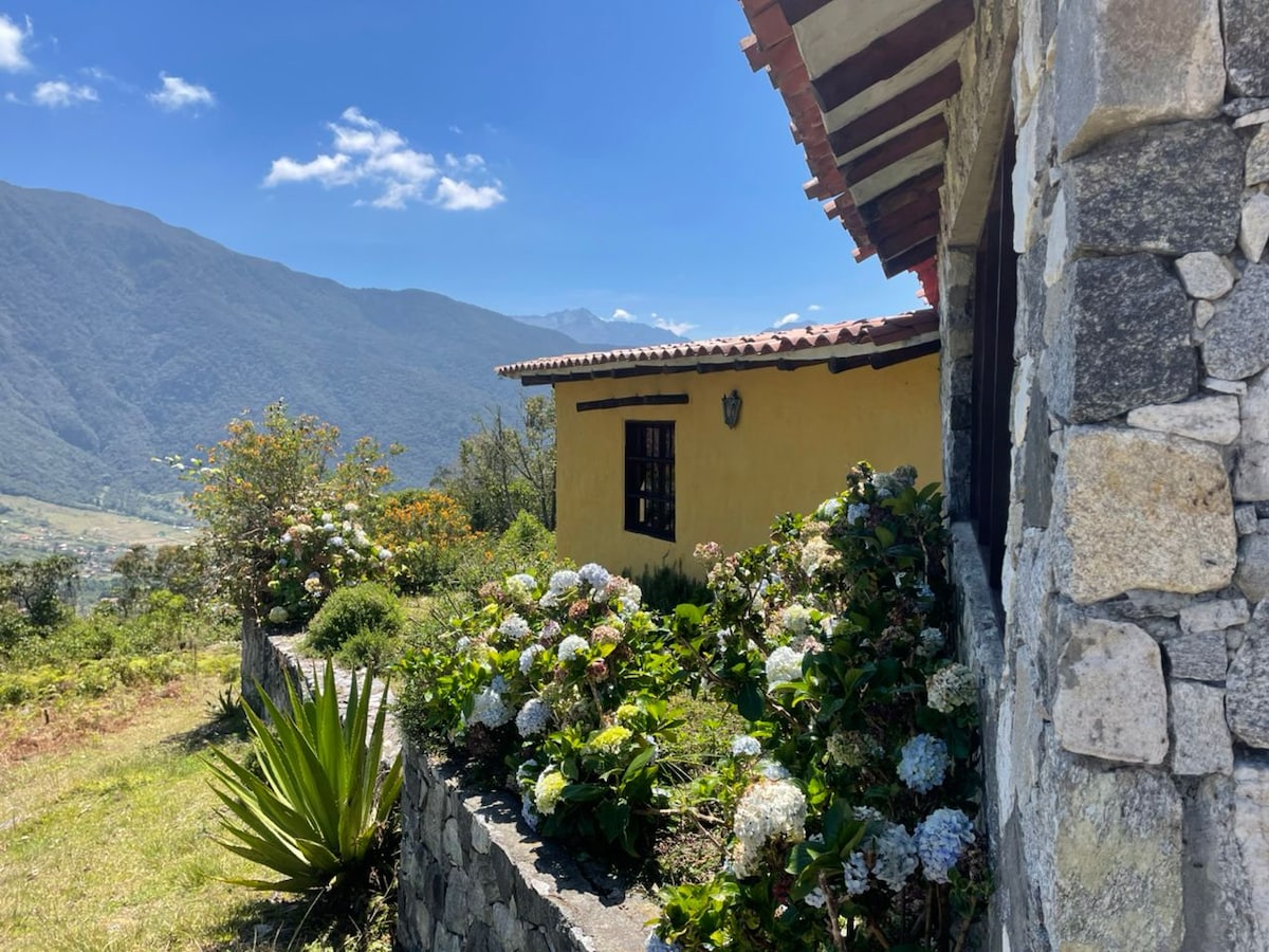 A charming exterior view of the home showcases a yellow facade with a red-tiled roof. Lush greenery and colorful hydrangeas surround the entrance, while the backdrop features rolling mountains under a clear blue sky.