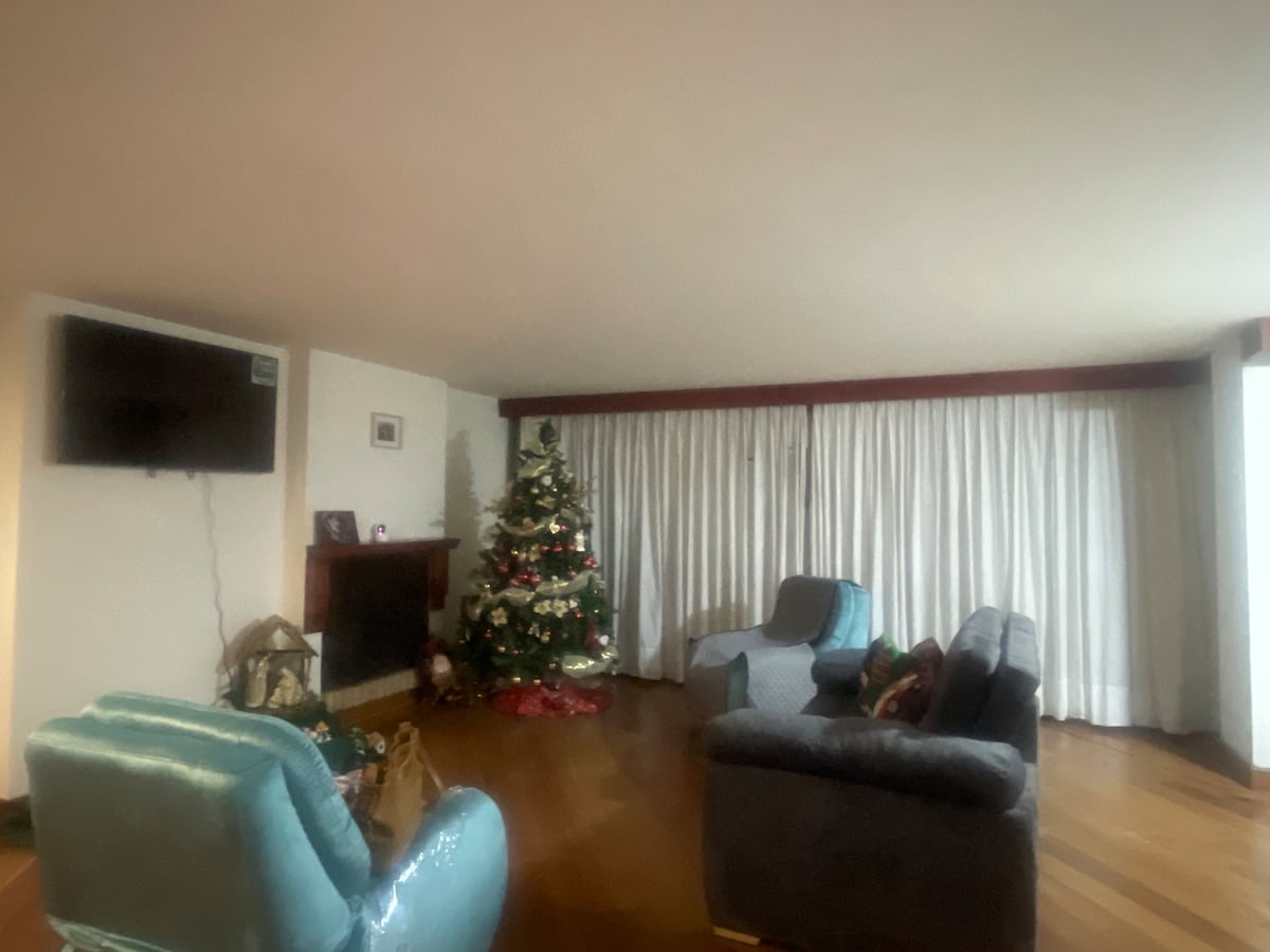 A spacious living area features a large Christmas tree adorned with decorations. Soft seating options include a gray sofa and two aqua blue chairs. Natural light enters through floor-to-ceiling curtains, while a flat-screen television is mounted on the wall above a simple fireplace.