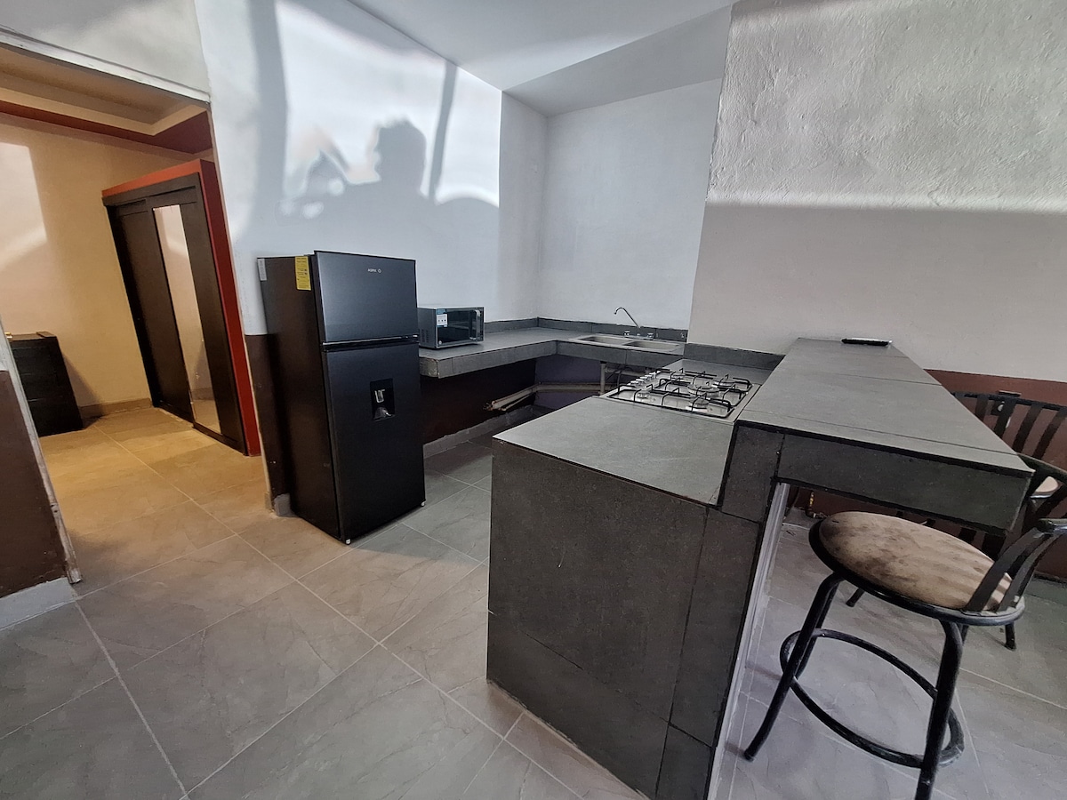 A modern kitchen space features sleek countertops and practical cabinetry. An electric stove is integrated into the workspace, and a black refrigerator stands nearby. A small dining area with a high-backed chair is positioned against the wall, offering additional seating.