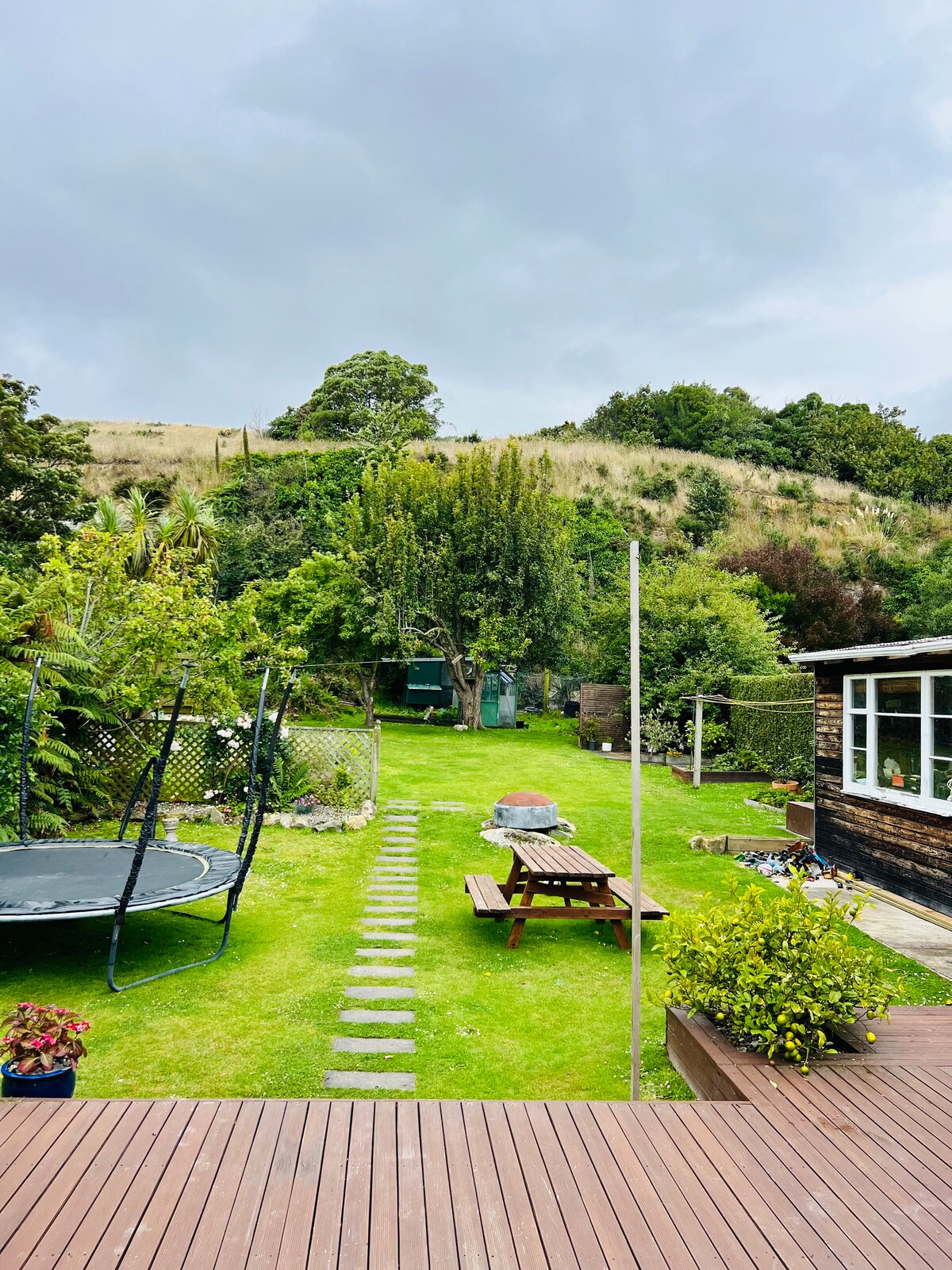 A spacious backyard is presented, featuring a well-maintained lawn and a stone pathway leading toward various greenery. A trampoline is positioned to the left, while a picnic table rests centrally. Flower pots are visible, enhancing the overall inviting outdoor space.