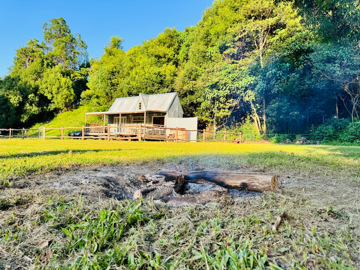 A rustic cottage is set against a backdrop of lush greenery. A fire pit, with remnants of wood, is situated in the foreground beside a spacious grassy area. The outdoor deck of the cottage is visible, offering a welcoming space to enjoy nature.