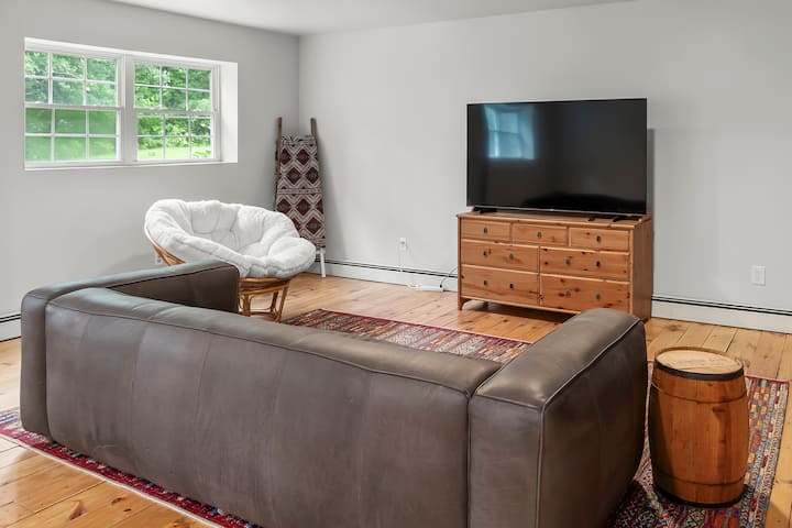 Სარდაფი სრულიად ახალი 65-დუიმიანი მაღალი ხარისხის ტელევიზორით, კომფორტული დასაჯდომით და თამაშებით.