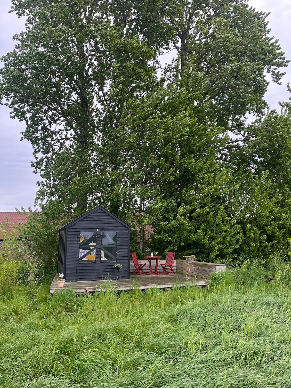 A black wooden structure is set against tall trees, featuring large windows that invite natural light. A small wooden deck is visible, furnished with two red chairs and a circular table, surrounded by lush green grass that adds to the serene outdoor environment.