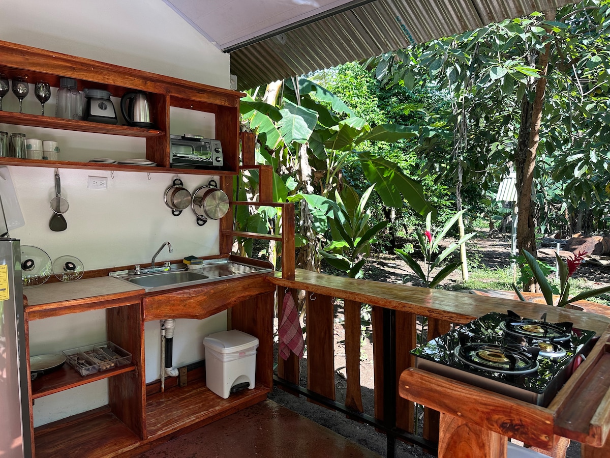 An outdoor kitchen area is provided, featuring wooden countertops and shelves lined with kitchenware. A gas stove is visible alongside a sink, with a view of lush greenery and tropical plants in the background, creating a seamless connection with the surrounding nature.