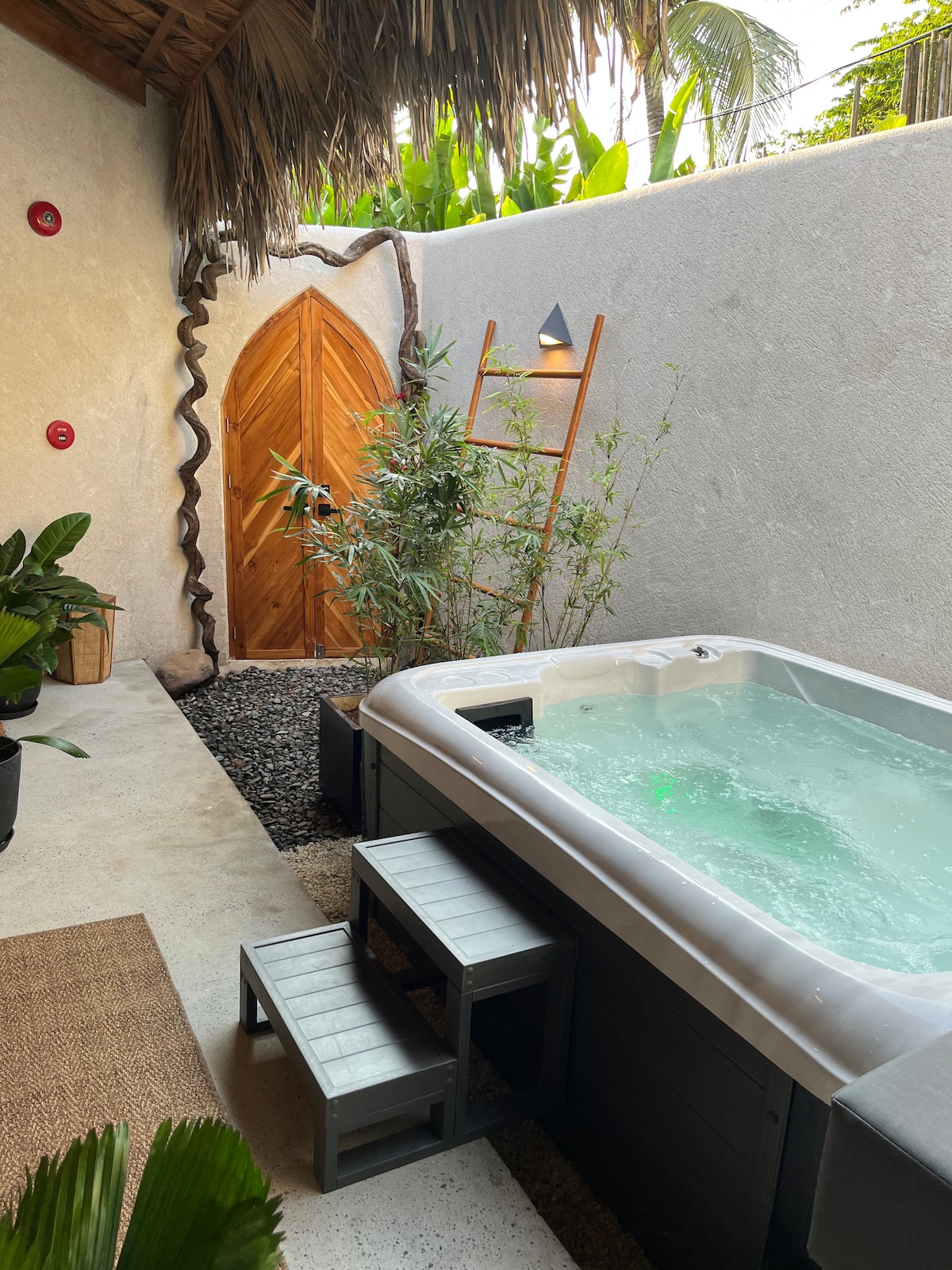 A serene outdoor area features a hot tub surrounded by tropical plants and gravel. A wooden ladder leans against the wall, with a charming wooden door in the background, adding a rustic touch to the tranquil setting.