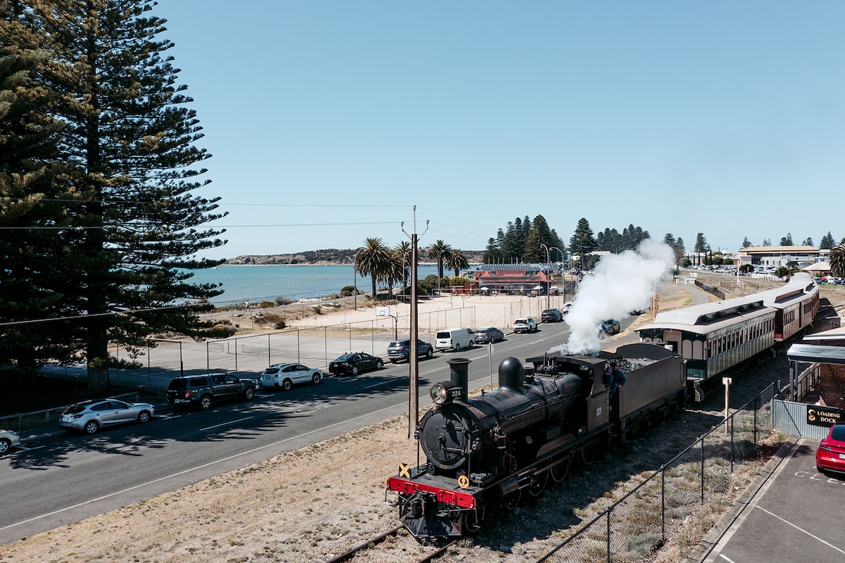 A historic steam train is seen along the waterfront, billowing white smoke as it travels past parked cars. Lush green trees and palm trees frame the scene, with a clear blue sky overhead and the calm water glistening in the background.