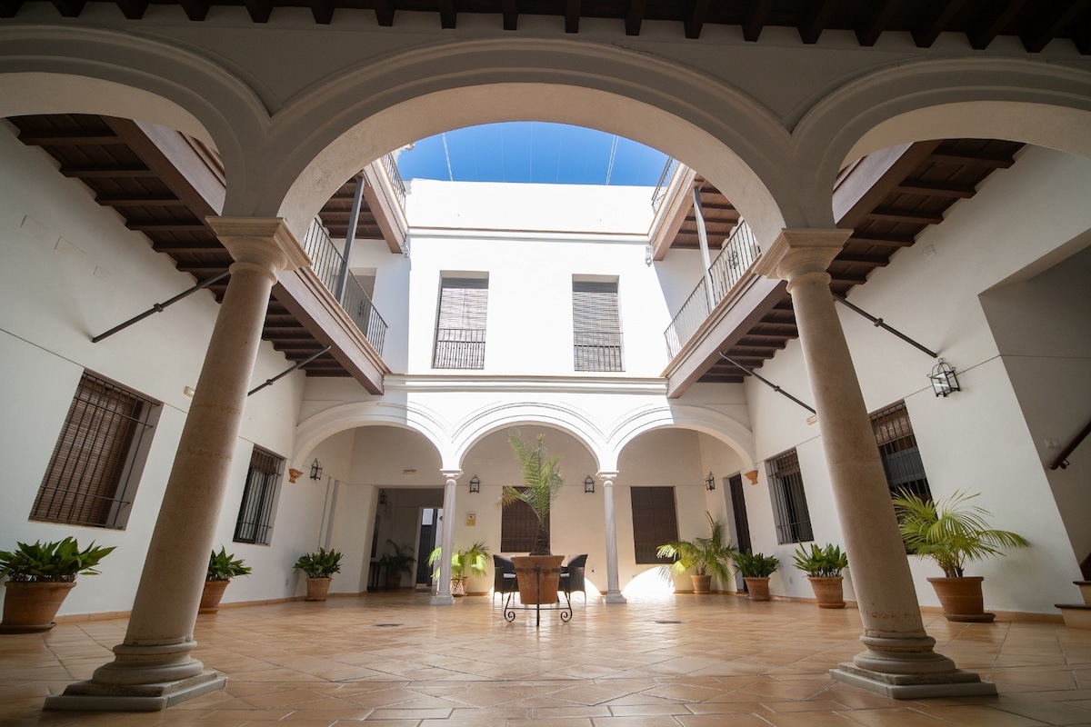 An elegant Andalusian courtyard is framed by arched columns, with a central table surrounded by leafy plants in terracotta pots. Sunlight fills the open space, highlighting the traditional architecture and wooden beams above, creating a soothing environment for relaxation.