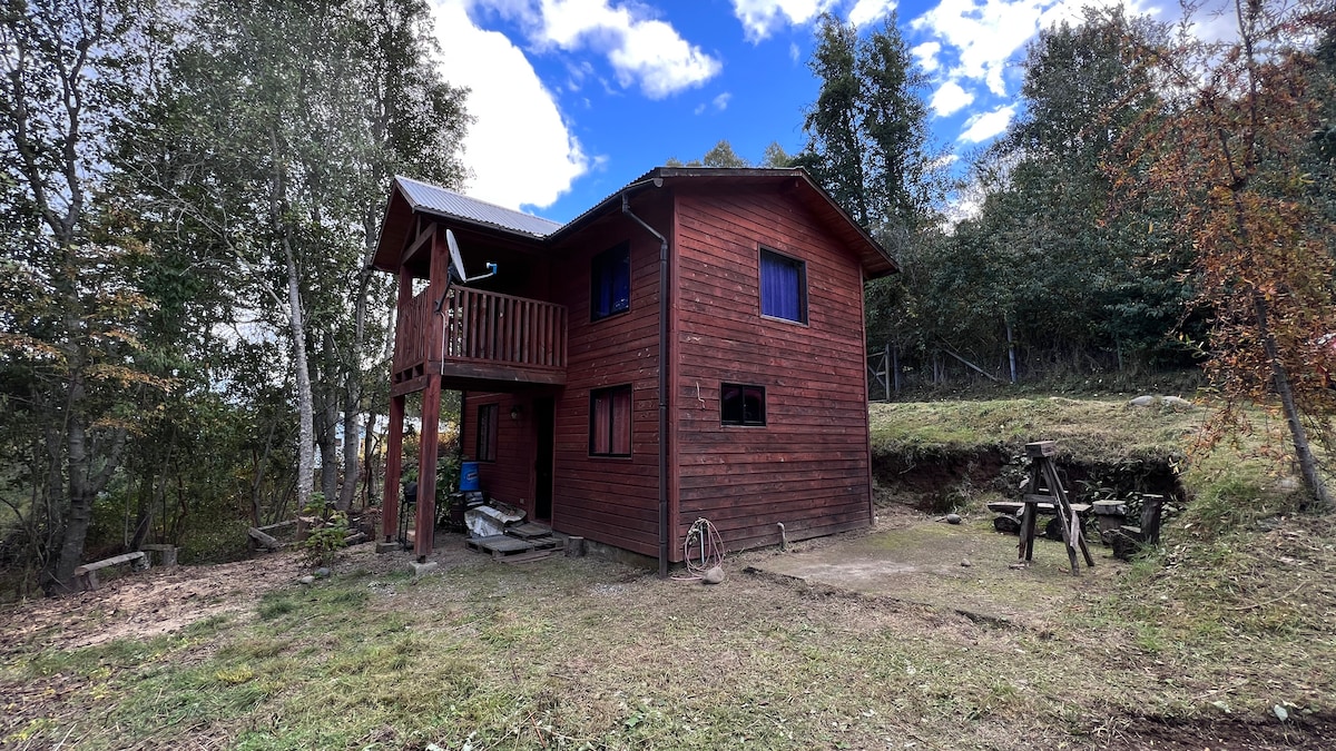 A rustic two-story cabin is nestled among trees, featuring a dark wooden exterior. Windows adorned with blue curtains allow natural light to filter in. The surrounding area includes a small yard with a seating arrangement and unmanicured nature, offering a tranquil escape from urban life.