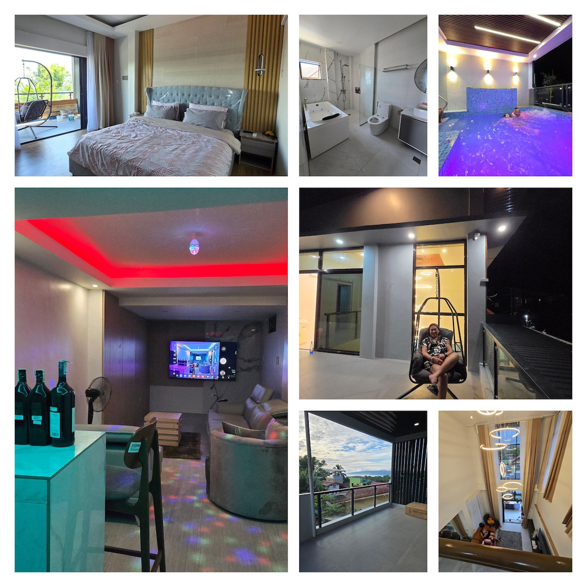 A spacious bedroom features a plush bed with a patterned throw, complemented by subtle lighting. A modern living area includes a TV and comfortable seating. A relaxing private pool is visible, illuminated with colorful lights. A stylish balcony offers views of the surroundings.