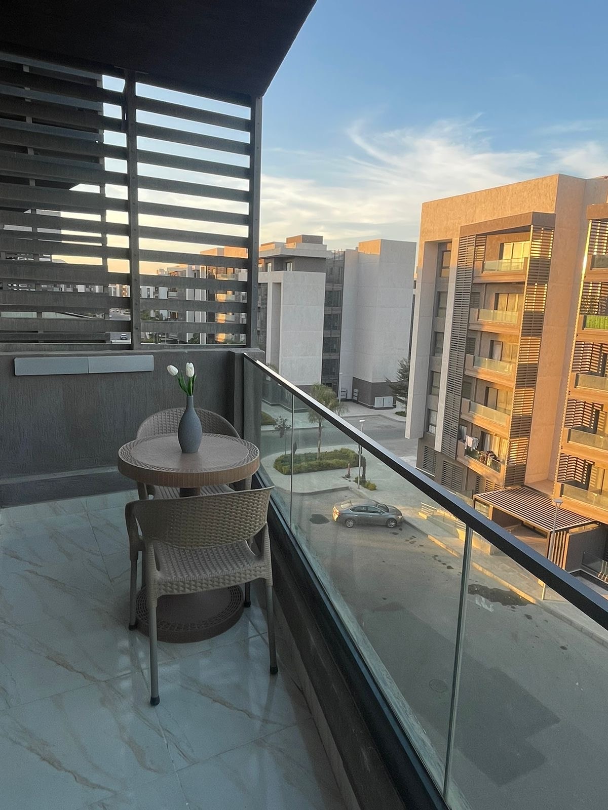 A small balcony presents a table and two chairs, accompanied by a vase with flowers. Glass railings offer unobstructed views of the surrounding buildings and landscape, with warm sunlight enhancing the tranquil setting.