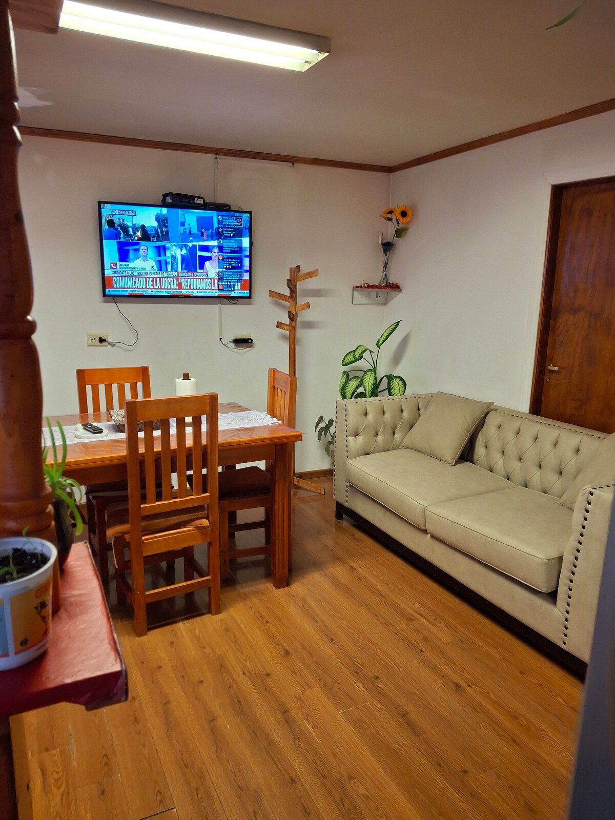 A cozy dining area features a wooden table surrounded by four chairs. A plush, light-colored sofa provides extra seating. A wall-mounted television displays programming, while leafy plants add natural elements to the space. Warm wooden flooring enhances the inviting setting.