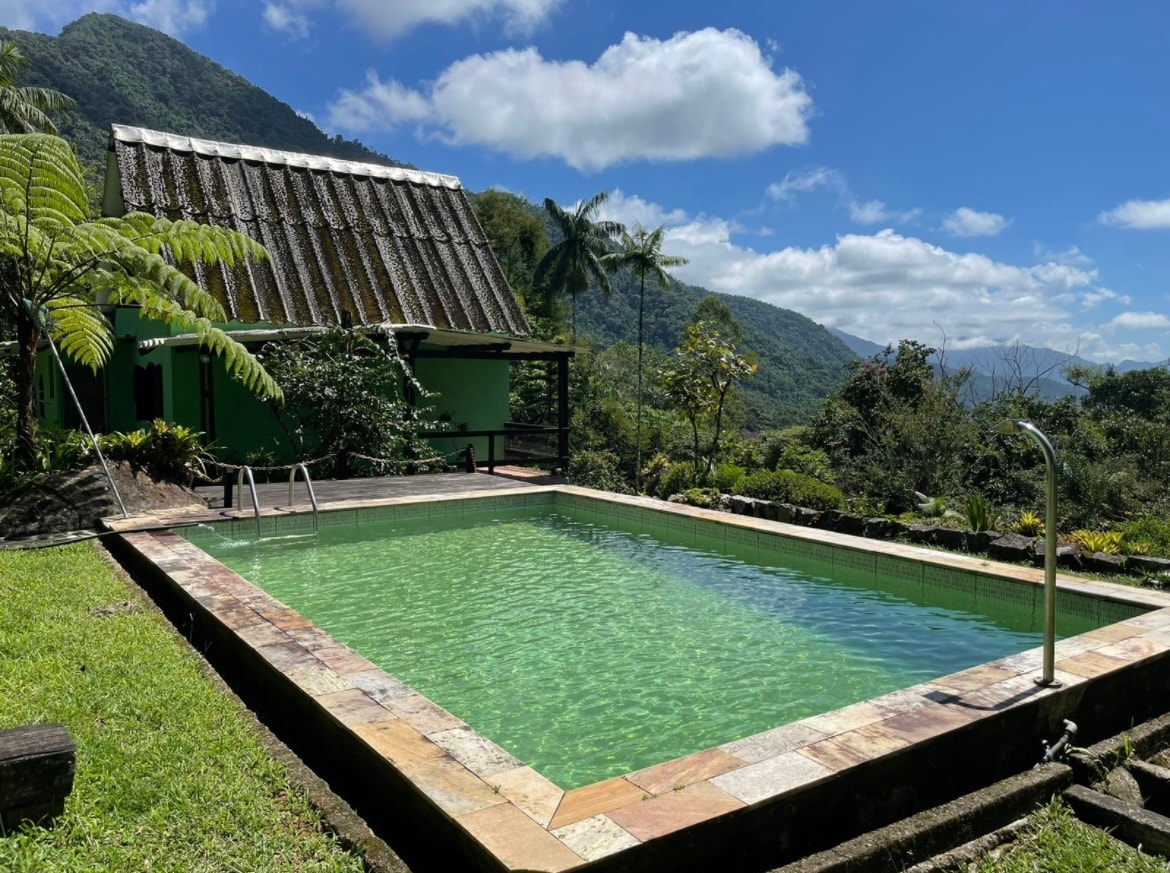 A serene outdoor area features a clear swimming pool surrounded by lush green grass and tropical plants. A mountain backdrop is visible in the distance under a bright blue sky with scattered clouds. The pool is bordered by a textured stone deck.