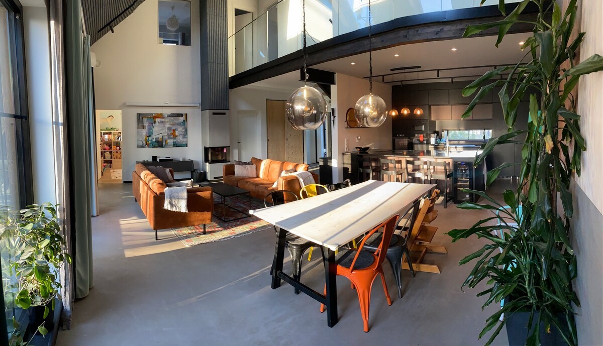 An open-concept living area is showcased, featuring a spacious dining table surrounded by diverse chairs. Natural light floods the room through large windows, illuminating modern furnishings, including a sectional sofa and an inviting kitchen. Indoor plants add vibrancy to the space.