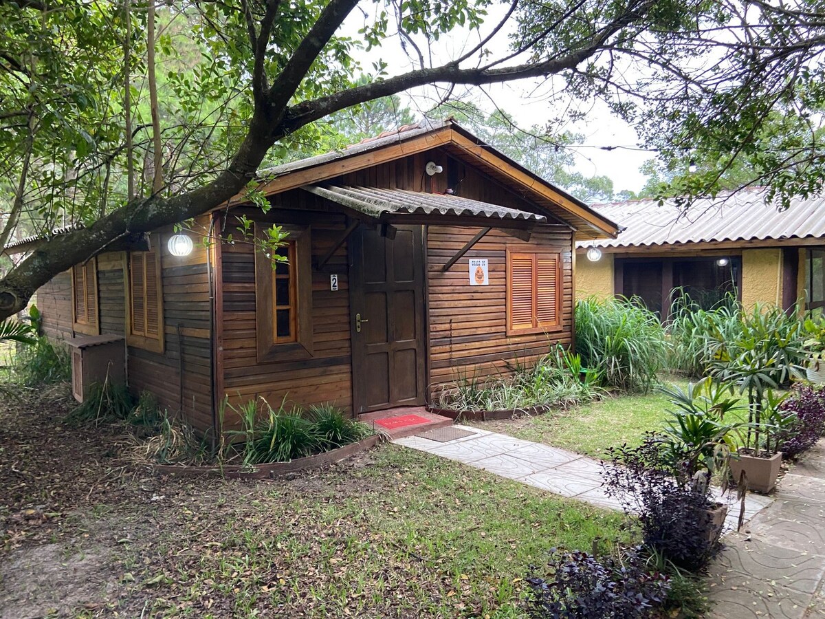 A wooden chalet is surrounded by lush greenery, with a path leading to its entrance. The exterior features wooden shutters on the windows and a welcoming front door. Soft outdoor lighting illuminates the area, creating a tranquil setting within a natural environment.