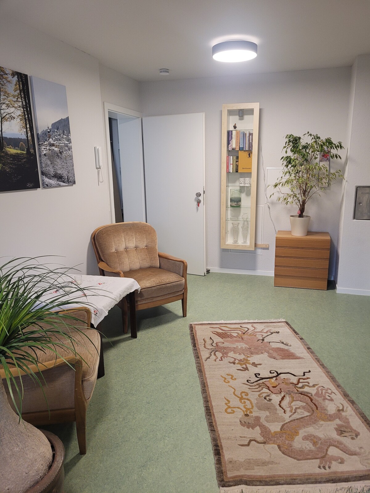 A welcoming entryway features two armchairs and a decorative area rug. A mirrored cabinet and a potted plant add a touch of greenery. Natural light from a ceiling light highlights the soft color palette on the walls, creating a bright and open space.